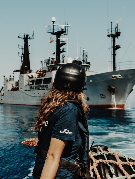 Sea Shepherd Worker At Ocean Near Large Boat
